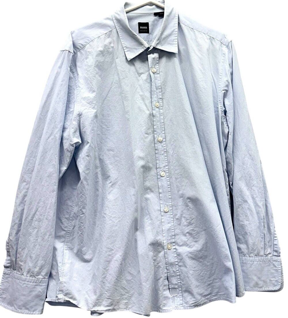 Hugo Boss Shirt Mens XXL Baby Blue w White Stripe Casual Button Down Regular Fit